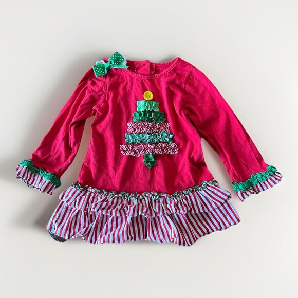 Good Lad Girls Size 4 100% Cotton Ribbon Christmas Tree Tunic Bows Ruffles Red - Picture 1 of 8